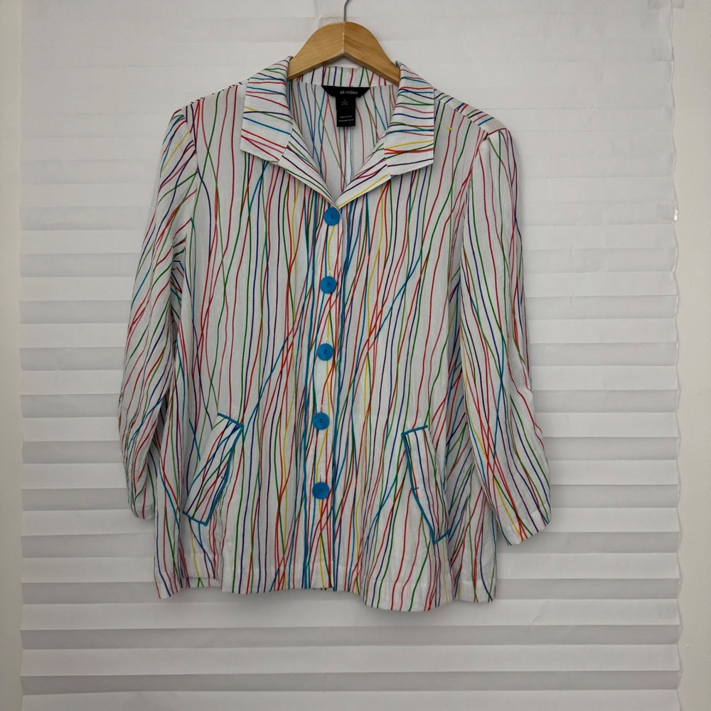 Ali Miles Womens L Top Retro Pastel Rainbow Stripe Button Front Ruched Sleeve